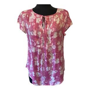 Como Vintage Women's Pink White Floral Blouse Tied Keyhole Neckline Size Small